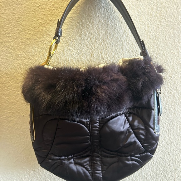 Coach Black Hobo Bag with Fur Trim Quilted Design - Picture 1 of 7